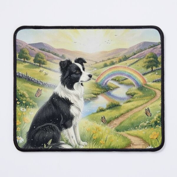 Item preview, Rainbow Bridge Dog Memorial Art – Border Collie in Sunlit Meadow with Rainbow designed and sold by Pixel Pout.