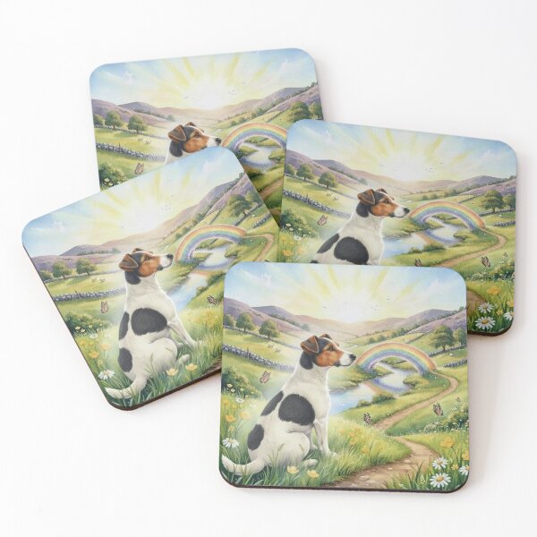 Item preview, Rainbow Bridge Dog Memorial Art – Jack Russell in Sunlit Meadow with Rainbow designed and sold by Pixel Pout.