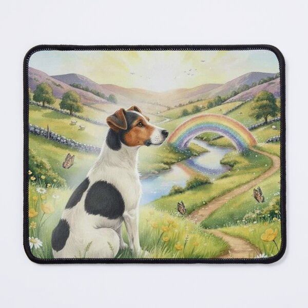 Item preview, Rainbow Bridge Dog Memorial Art – Jack Russell in Sunlit Meadow with Rainbow designed and sold by Pixel Pout.