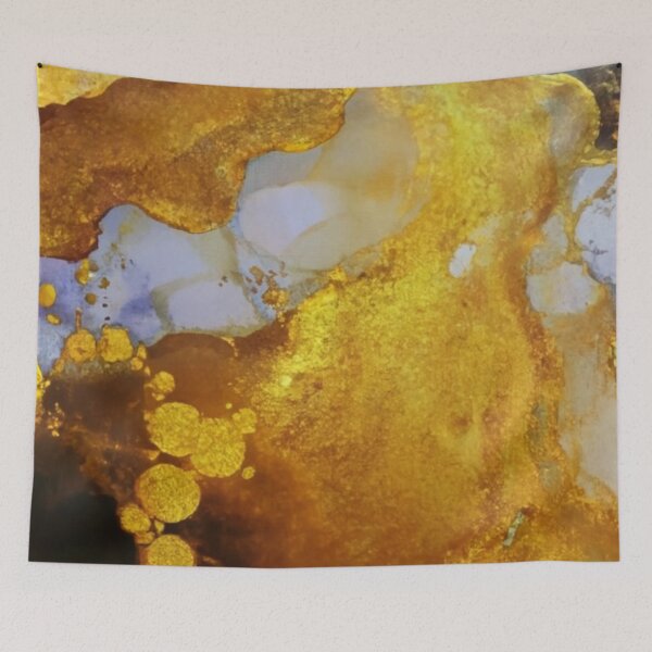 Item preview, Klimt light alcohol ink with gold oil streaks, backlit, graphic art graffiti illustration picture, yellow gold glitter designed and sold by gulka8.