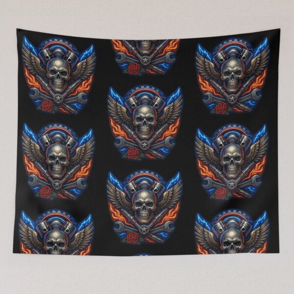 Item preview, V-Twin Skull with Wings, Spark Plugs &amp; Neon Flames designed and sold by LaNadaYFundante.
