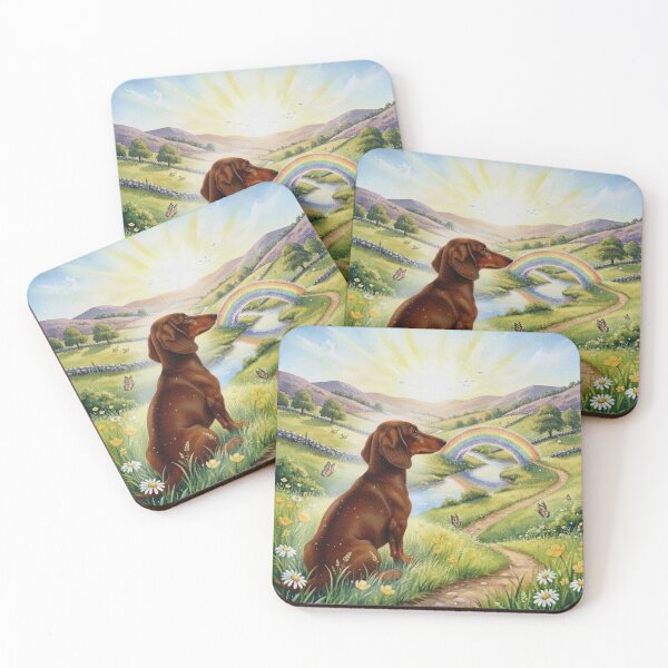 Item preview, Rainbow Bridge Dog Memorial Art – Dachshund in Sunlit Meadow with Rainbow designed and sold by Pixel Pout.