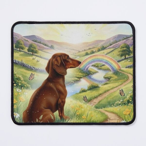 Item preview, Rainbow Bridge Dog Memorial Art – Dachshund in Sunlit Meadow with Rainbow designed and sold by Pixel Pout.