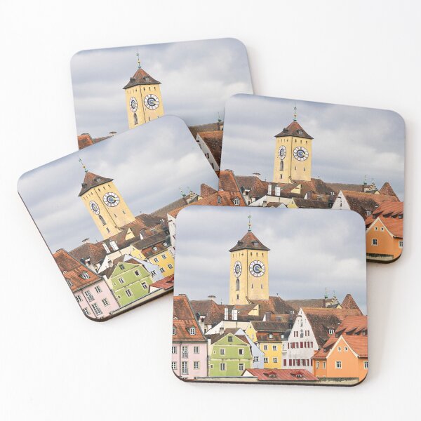 Item preview, Historical town hall clock tower and colorful old buildings in Regensburg, Germany designed and sold by goceris.
