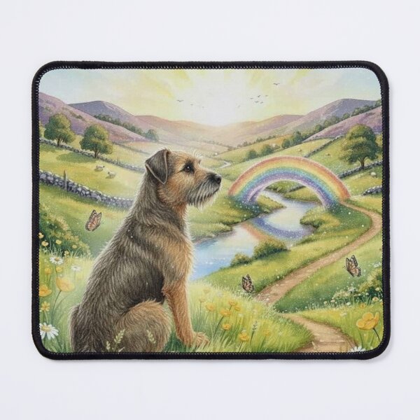 Item preview, Rainbow Bridge Dog Memorial Art – Border Terrier in Sunlit Meadow with Rainbow designed and sold by Pixel Pout.