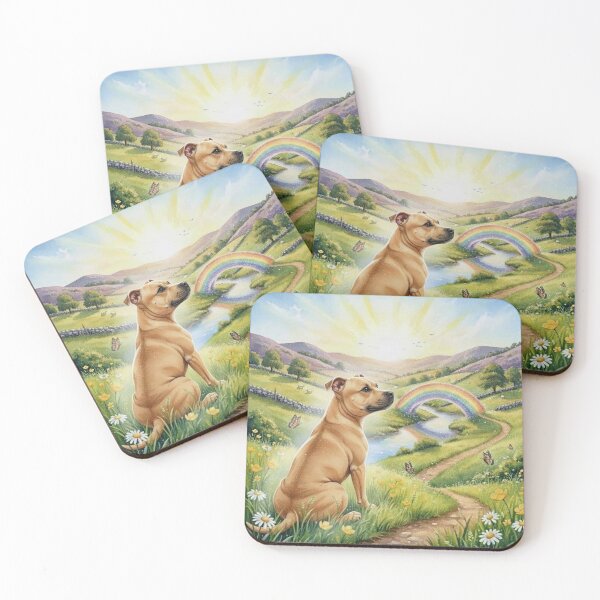 Item preview, Rainbow Bridge Dog Memorial Art – Staffordshire Bull Terrier in Sunlit Meadow with Rainbow designed and sold by Pixel Pout.