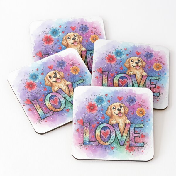 Item preview, Rainbow LOVE Typography with Cute Puppy – Colorful Dog, Hearts, and Flowers Watercolor Art designed and sold by Pixel Pout.