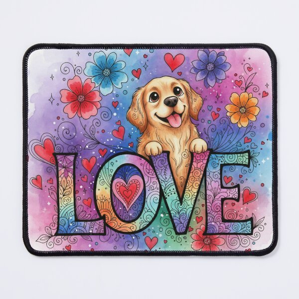 Item preview, Rainbow LOVE Typography with Cute Puppy – Colorful Dog, Hearts, and Flowers Watercolor Art designed and sold by Pixel Pout.