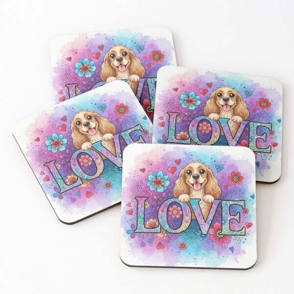 Item preview, Rainbow LOVE Typography with Cute Spaniel Puppy – Colorful Hearts and Flowers Watercolor Art designed and sold by Pixel Pout.