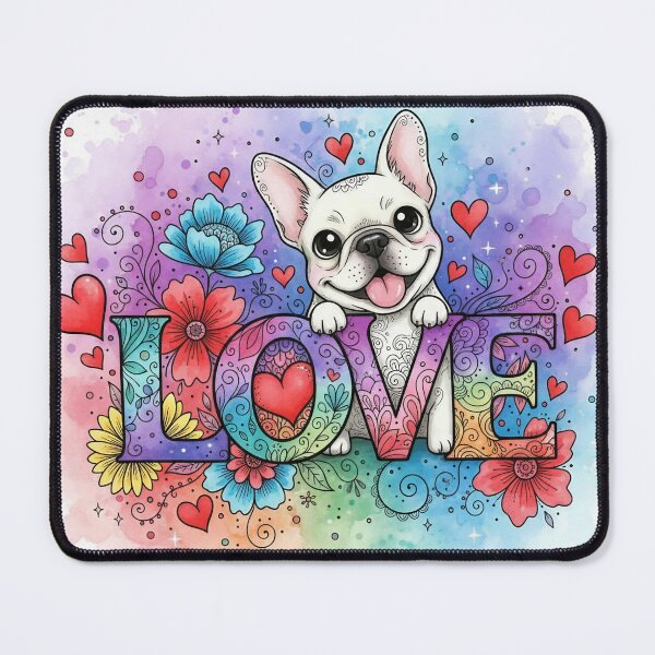 Item preview, Rainbow LOVE Typography with French Bulldog – Cute Puppy, Hearts and Flowers Watercolor Art designed and sold by Pixel Pout.