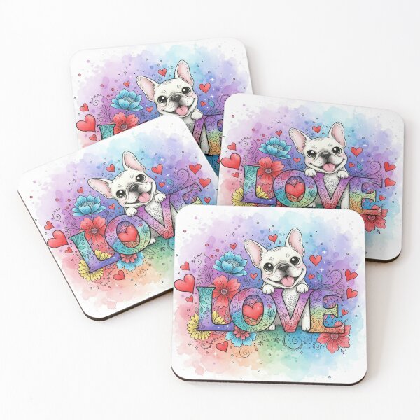 Item preview, Rainbow LOVE Typography with French Bulldog – Cute Puppy, Hearts and Flowers Watercolor Art designed and sold by Pixel Pout.