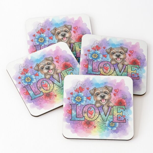 Item preview, Rainbow LOVE Typography with Border Terrier – Cute Dog, Hearts and Flowers Watercolor Art designed and sold by Pixel Pout.