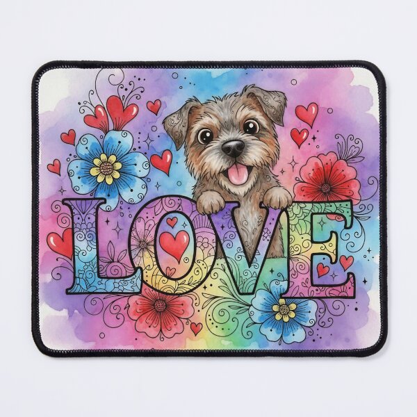 Item preview, Rainbow LOVE Typography with Border Terrier – Cute Dog, Hearts and Flowers Watercolor Art designed and sold by Pixel Pout.