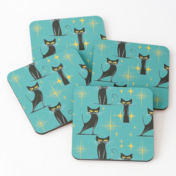 Item preview, Mid-Century Whimsical Pattern – Atomic Feline Charm: Midnight Meow Magic Pattern with Black Cats & Starbursts in Turquoise, Yellow & Black designed and sold by The Print Parlor.