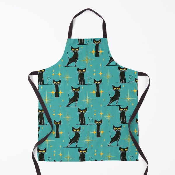 Artikelvorschau, Mid-Century Whimsical Pattern – Atomic Feline Charm: Midnight Meow Magic Pattern with Black Cats & Starbursts in Turquoise, Yellow & Black entworfen und verkauft von The Print Parlor.