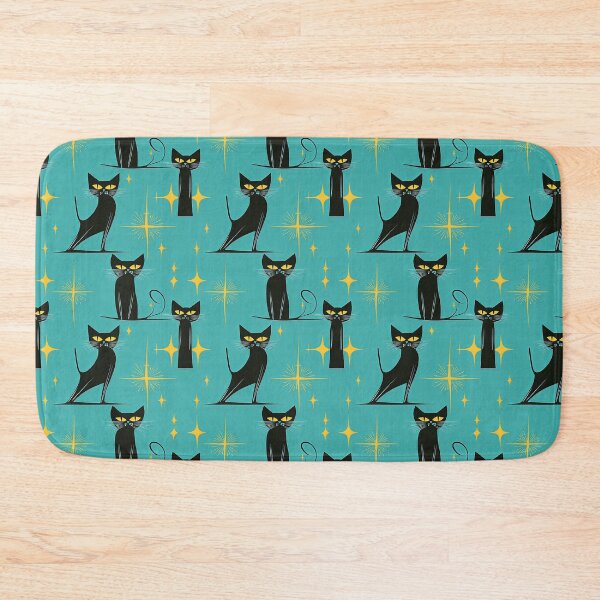 Item preview, Mid-Century Whimsical Pattern – Atomic Feline Charm: Midnight Meow Magic Pattern with Black Cats & Starbursts in Turquoise, Yellow & Black designed and sold by The Print Parlor.