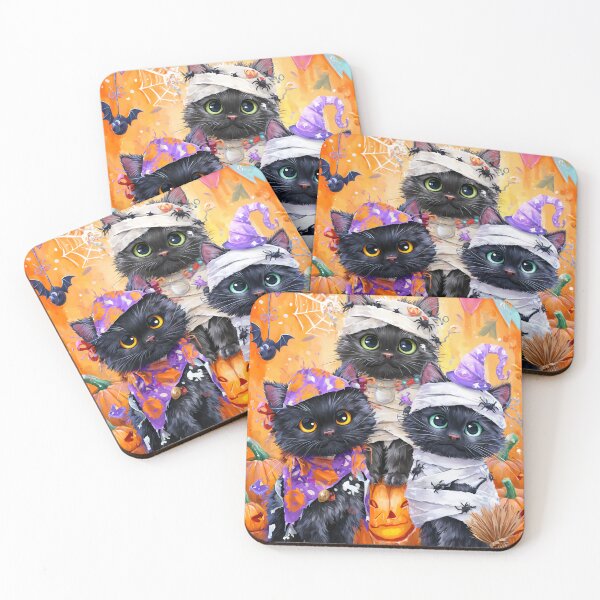 Item preview, Black Cats in Halloween Costumes – Adorable Mummy Kittens with Pumpkins and Spooky Background designed and sold by Grafititee.