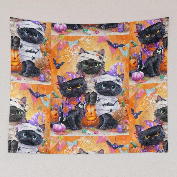 Item preview, Black Cats in Halloween Costumes – Adorable Mummy Kittens with Pumpkins and Spooky Background designed and sold by Grafititee.