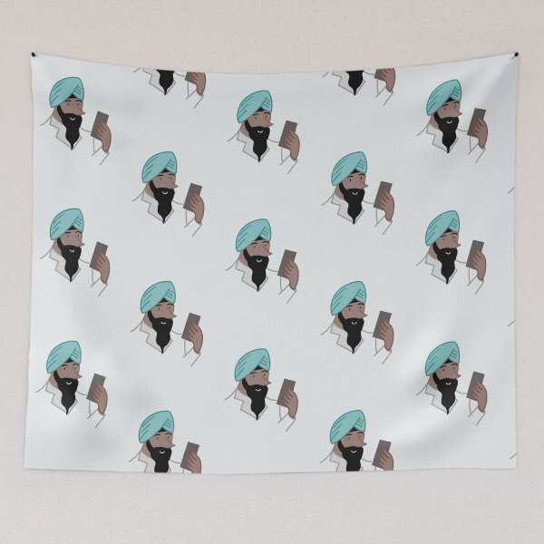 Item preview, Asian Sikh or Hindu Indian man looking at a mobile phone illustration art designed and sold by Vintage Designs +.