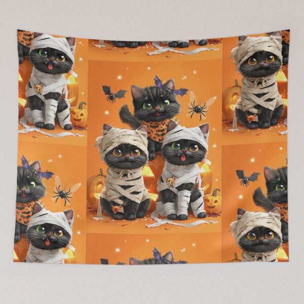 Item preview, Black Cats in Halloween Costumes – Adorable Mummy Kittens with Pumpkins and Spooky Background designed and sold by Grafititee.