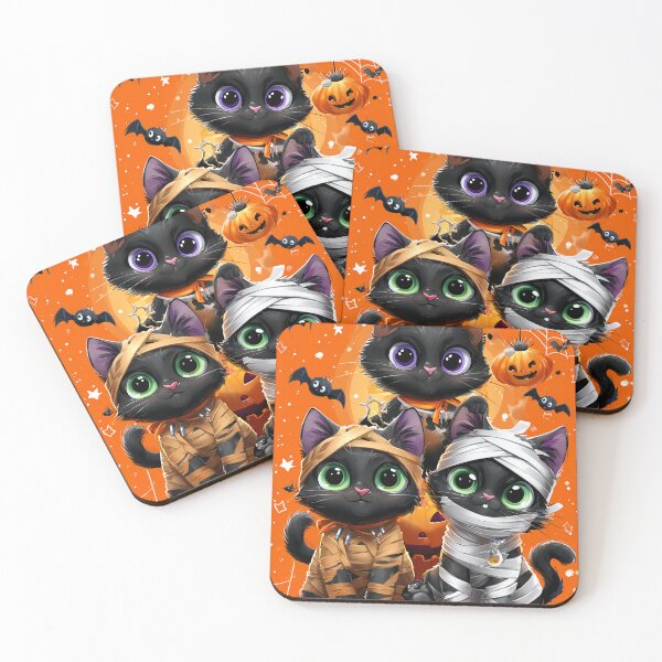 Item preview, Black Cats in Halloween Costumes – Adorable Mummy Kittens with Pumpkins and Spooky Background designed and sold by Grafititee.