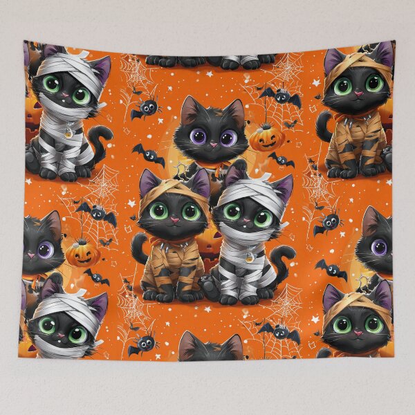 Item preview, Black Cats in Halloween Costumes – Adorable Mummy Kittens with Pumpkins and Spooky Background designed and sold by Grafititee.