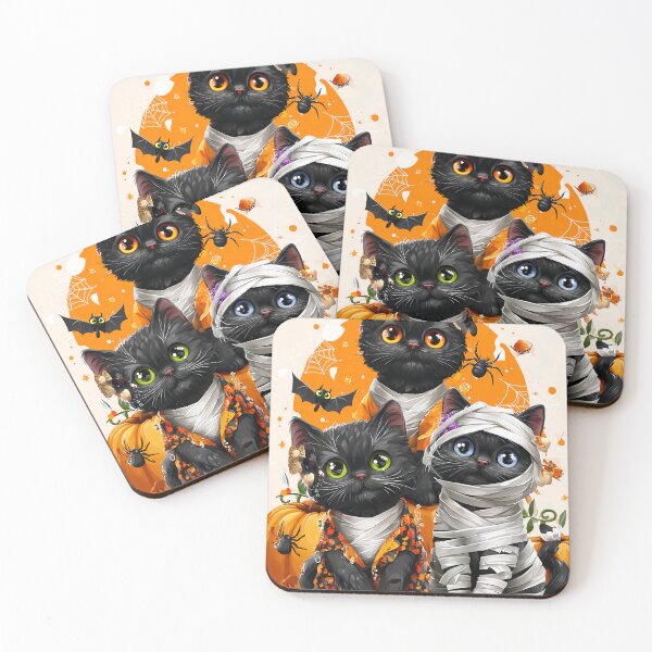 Item preview, Black Cats in Halloween Costumes – Adorable Mummy Kittens with Pumpkins and Spooky Background designed and sold by Grafititee.