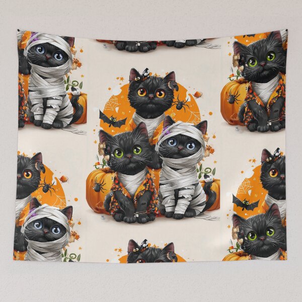 Item preview, Black Cats in Halloween Costumes – Adorable Mummy Kittens with Pumpkins and Spooky Background designed and sold by Grafititee.