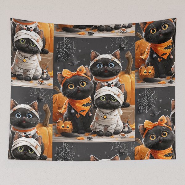 Item preview, Black Cats in Halloween Costumes – Adorable Mummy Kittens with Pumpkins and Spooky Background designed and sold by Grafititee.