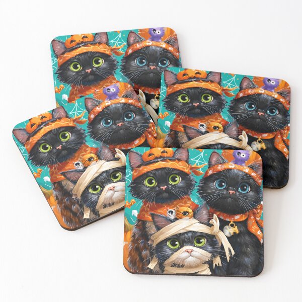 Item preview, Black Cats in Halloween Costumes – Adorable Mummy Kittens with Pumpkins and Spooky Background designed and sold by Grafititee.