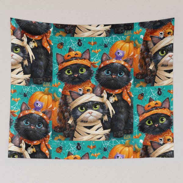 Item preview, Black Cats in Halloween Costumes – Adorable Mummy Kittens with Pumpkins and Spooky Background designed and sold by Grafititee.