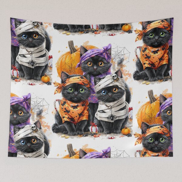 Item preview, Black Cats in Halloween Costumes – Adorable Mummy Kittens with Pumpkins and Spooky Background designed and sold by Grafititee.