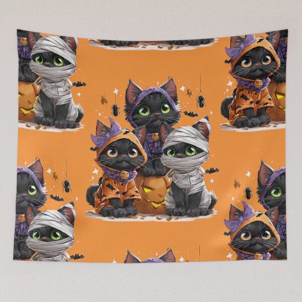 Item preview, Black Cats in Halloween Costumes – Adorable Mummy Kittens with Pumpkins and Spooky Background designed and sold by Grafititee.