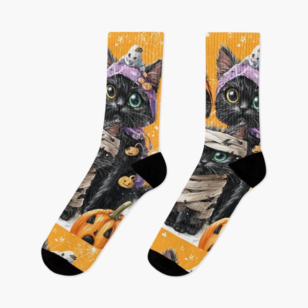 Item preview, Black Cats in Halloween Costumes – Adorable Mummy Kittens with Pumpkins and Spooky Background designed and sold by Grafititee.