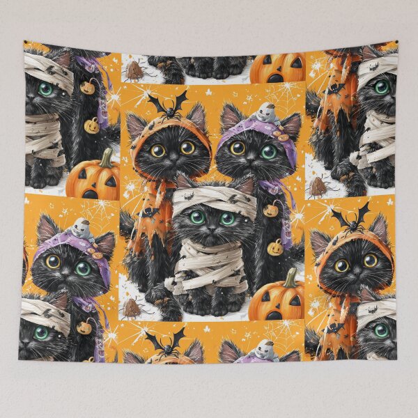 Item preview, Black Cats in Halloween Costumes – Adorable Mummy Kittens with Pumpkins and Spooky Background designed and sold by Grafititee.