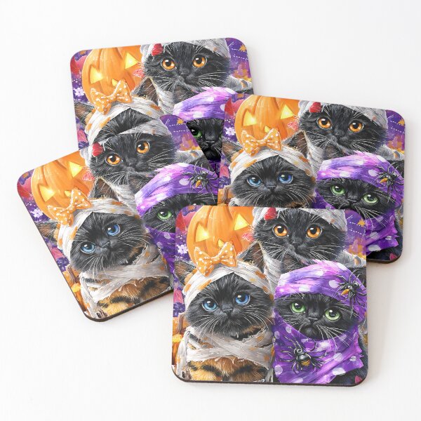 Item preview, Black Cats in Halloween Costumes – Adorable Mummy Kittens with Pumpkins and Spooky Background designed and sold by Grafititee.