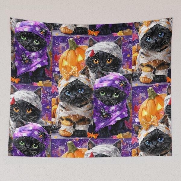 Item preview, Black Cats in Halloween Costumes – Adorable Mummy Kittens with Pumpkins and Spooky Background designed and sold by Grafititee.