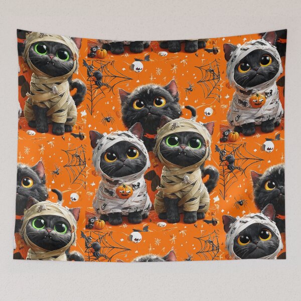 Item preview, Black Cats in Halloween Costumes – Adorable Mummy Kittens with Pumpkins and Spooky Background designed and sold by Grafititee.