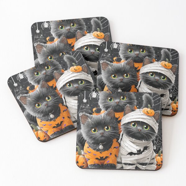 Item preview, Black Cats in Halloween Costumes – Adorable Mummy Kittens with Pumpkins and Spooky Background designed and sold by Grafititee.