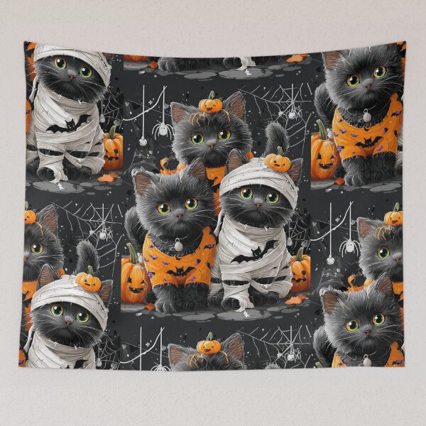 Item preview, Black Cats in Halloween Costumes – Adorable Mummy Kittens with Pumpkins and Spooky Background designed and sold by Grafititee.