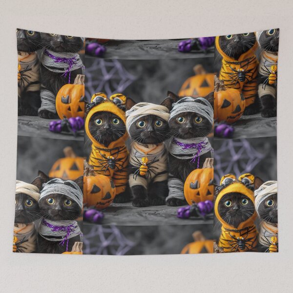 Item preview, Black Cats in Halloween Costumes – Adorable Mummy Kittens with Pumpkins and Spooky Background designed and sold by Grafititee.