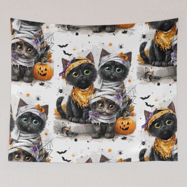 Item preview, Black Cats in Halloween Costumes – Adorable Mummy Kittens with Pumpkins and Spooky Background designed and sold by Grafititee.