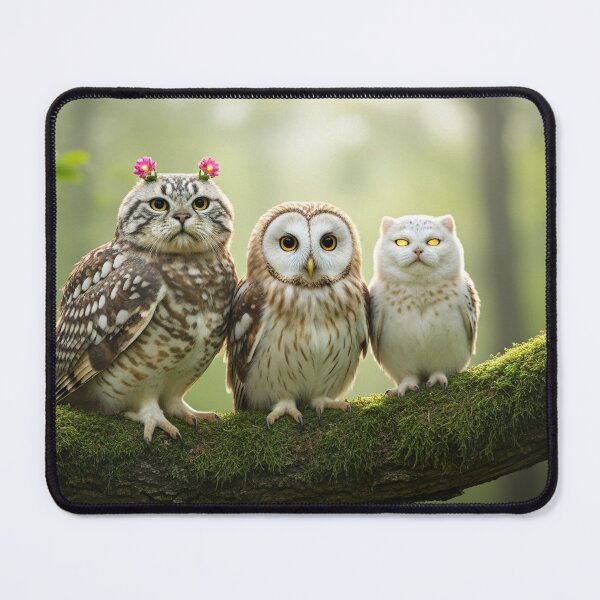 Item preview, Three Meowls in Misty Enchanted Forest – Mystical Hybrid Creatures designed and sold by jetaiart.