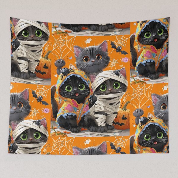 Item preview, Black Cats in Halloween Costumes – Adorable Mummy Kittens with Pumpkins and Spooky Background designed and sold by Grafititee.