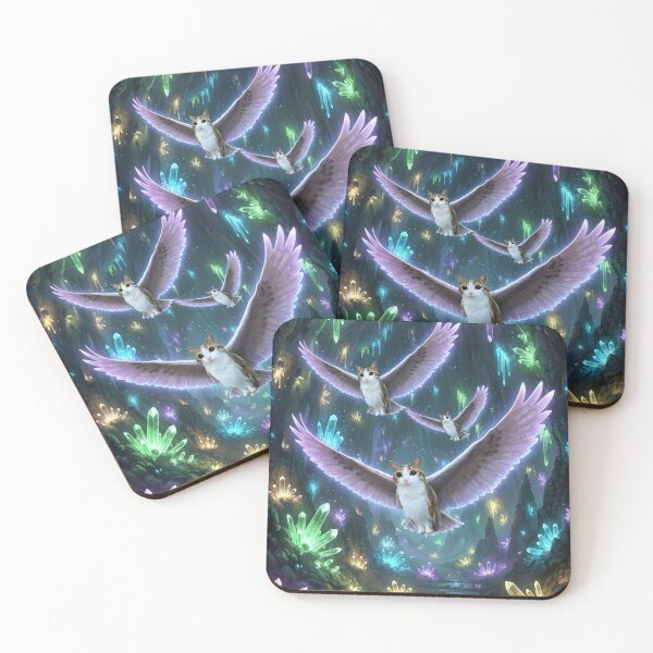 Item preview, Three Meowls in Bioluminescent Cave – Glowing Crystal Fantasy designed and sold by jetaiart.