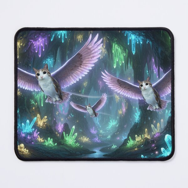Item preview, Three Meowls in Bioluminescent Cave – Glowing Crystal Fantasy designed and sold by jetaiart.