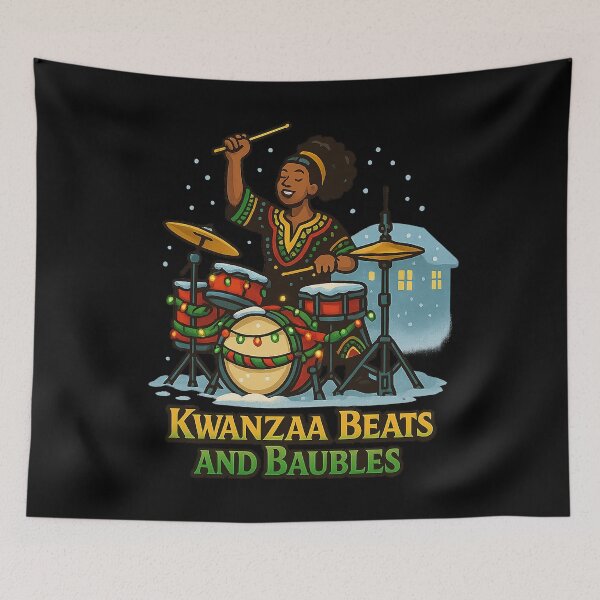 Item preview, Kwanzaa Beats and Baubles – Afrocentric Drummer Holiday Artwork with Festive Lights & Winter Vibes designed and sold by AddictiveDesign.