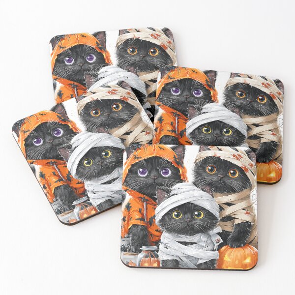 Item preview, Black Cats in Halloween Costumes – Adorable Mummy Kittens with Pumpkins and Spooky Background designed and sold by Grafititee.