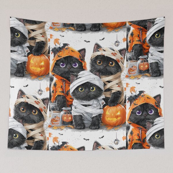Item preview, Black Cats in Halloween Costumes – Adorable Mummy Kittens with Pumpkins and Spooky Background designed and sold by Grafititee.