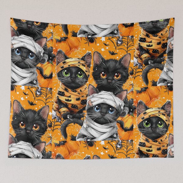 Item preview, Black Cats in Halloween Costumes – Adorable Mummy Kittens with Pumpkins and Spooky Background designed and sold by Grafititee.